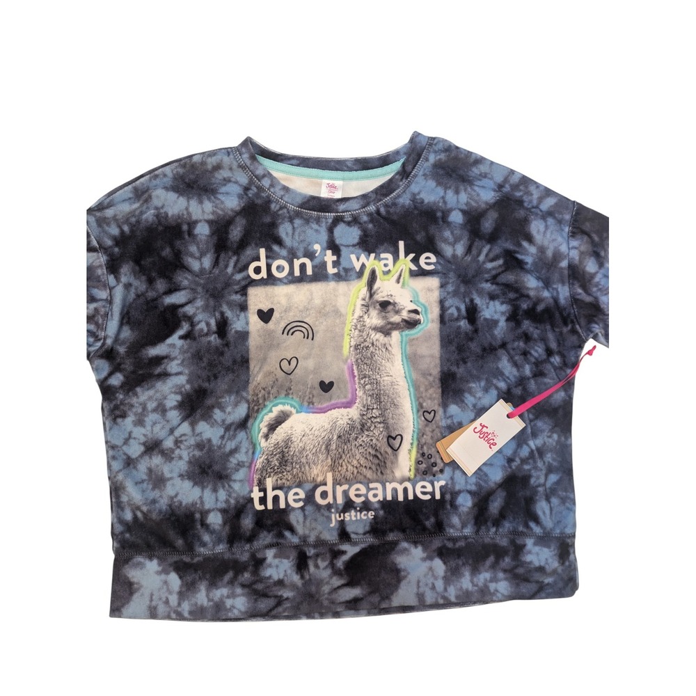 Justice Girls M 10 Tie Dye Llama Sweatshirt "Don't Wake the Dreamer" Blue NWT